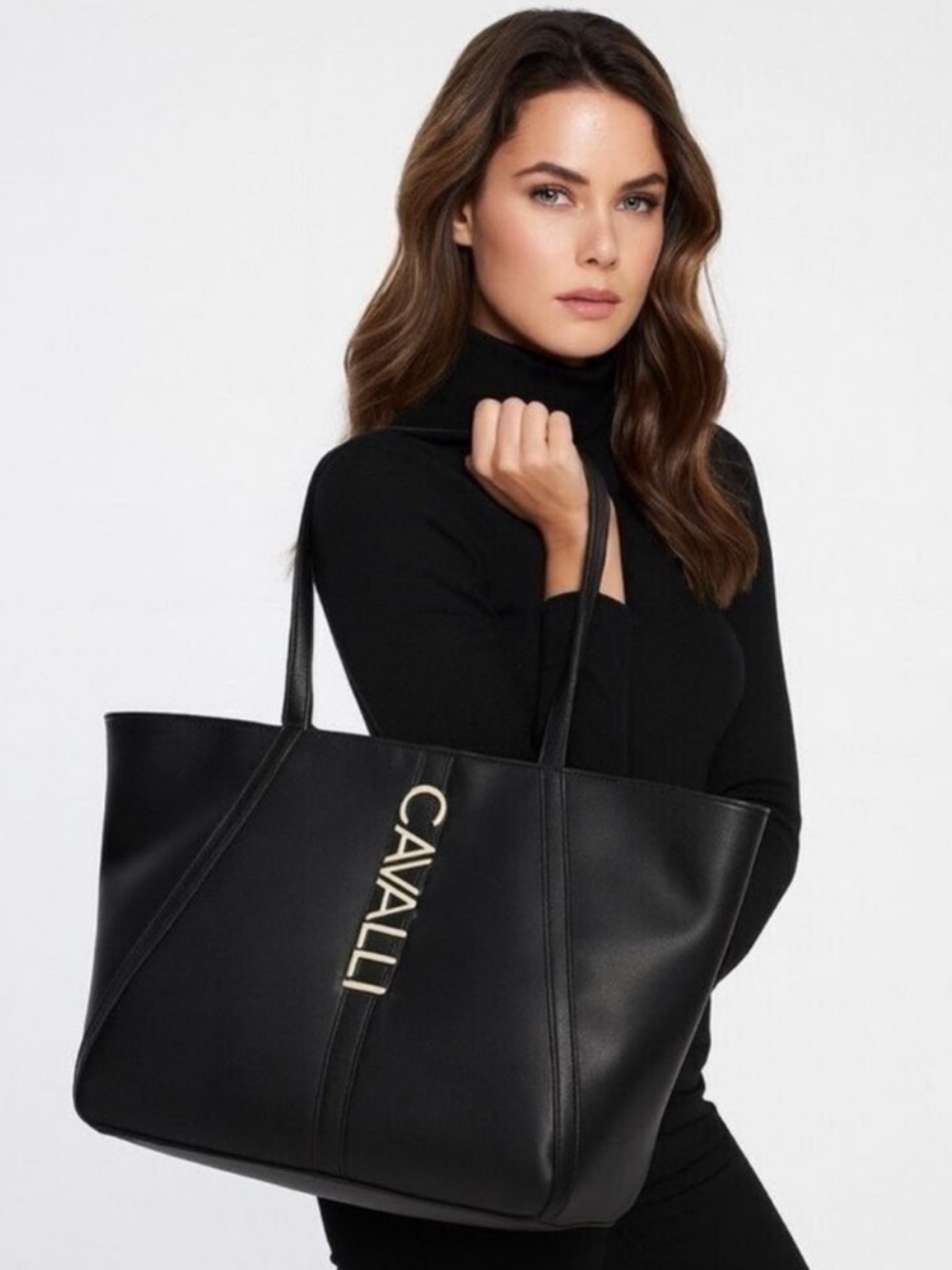 Roberto Cavalli Large Black Sandra Shopper Leather Logo Tote